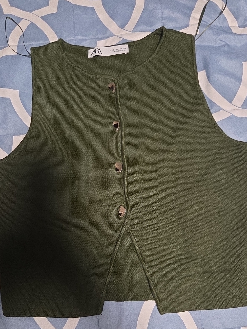 Zara Olive Green Ribbed Button-Front Tank